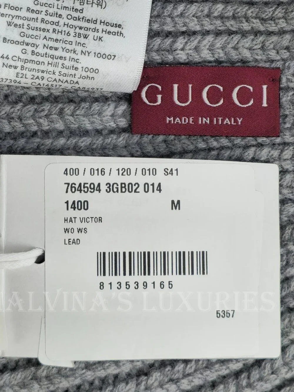 GUCCI HAT GRAY WOOL CASHMERE RIB KNIT LOGO PATCH BEANIE M / MEDIUM / 57CM
